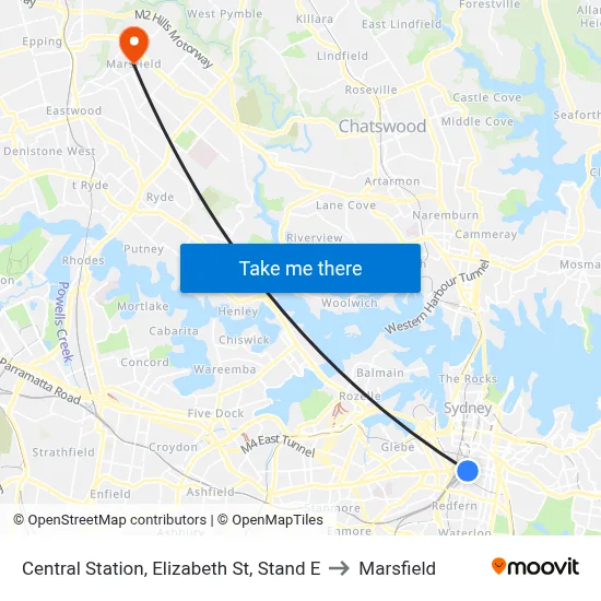 Central Station, Elizabeth St, Stand E to Marsfield map