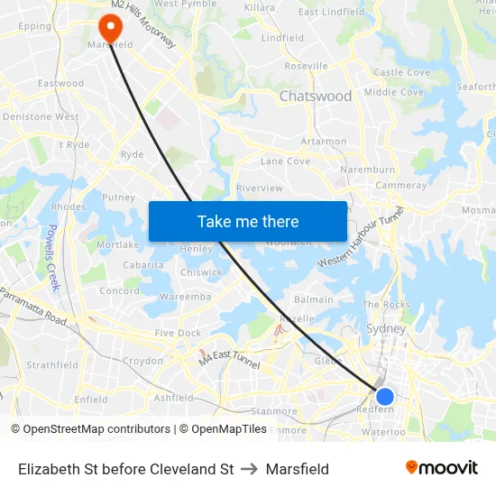 Elizabeth St before Cleveland St to Marsfield map