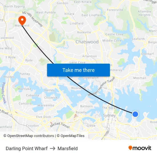 Darling Point Wharf to Marsfield map