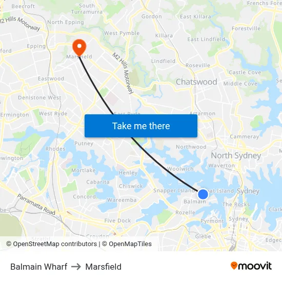 Balmain Wharf to Marsfield map
