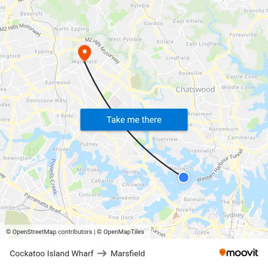 Cockatoo Island Wharf to Marsfield map