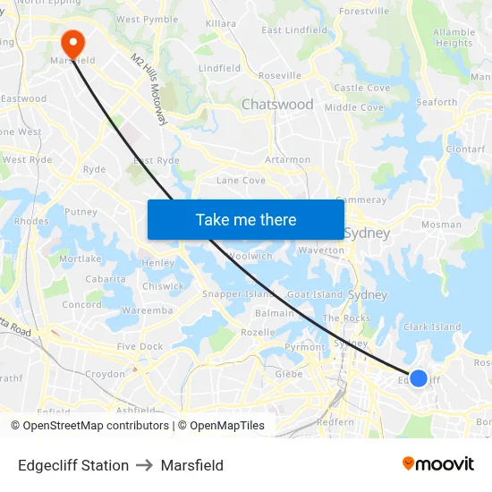 Edgecliff Station to Marsfield map