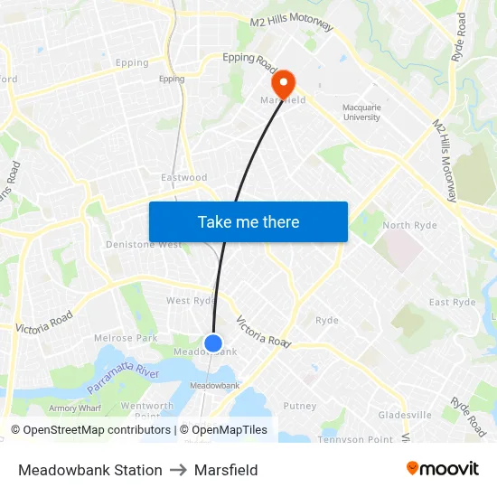 Meadowbank Station to Marsfield map