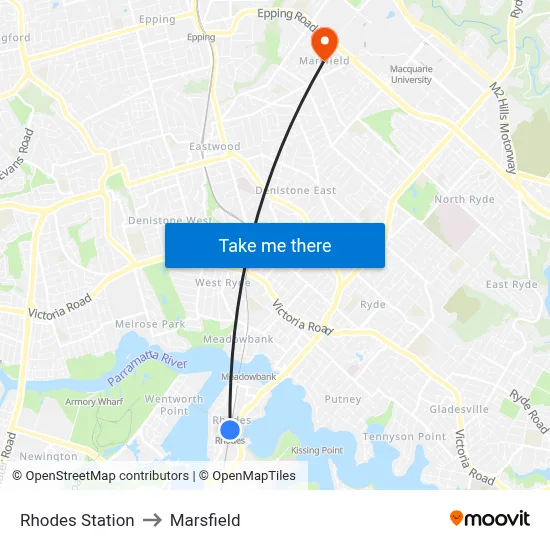Rhodes Station to Marsfield map