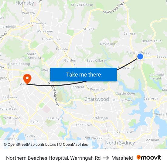 Northern Beaches Hospital, Warringah Rd to Marsfield map
