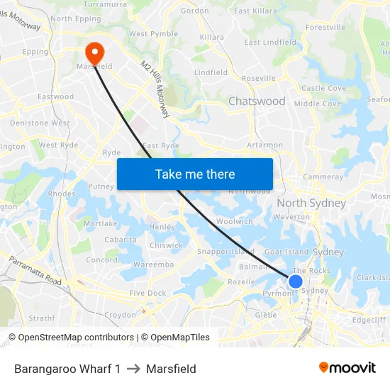 Barangaroo Wharf 1 to Marsfield map