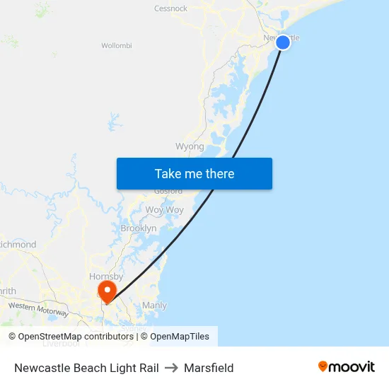 Newcastle Beach Light Rail to Marsfield map