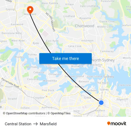 Central Station to Marsfield map