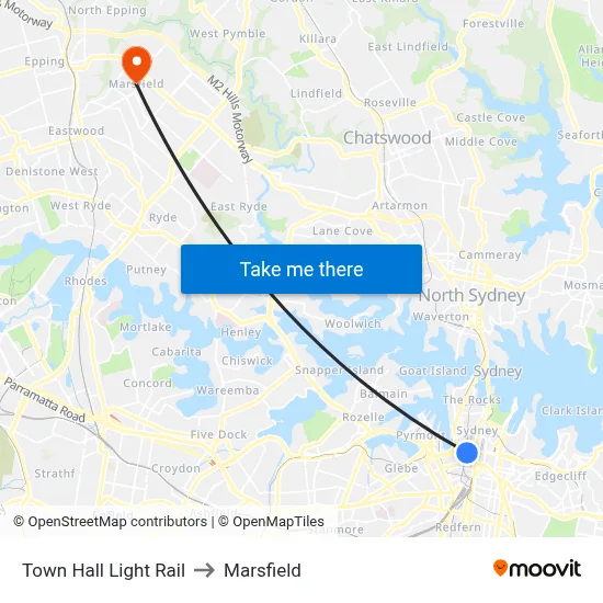Town Hall Light Rail to Marsfield map