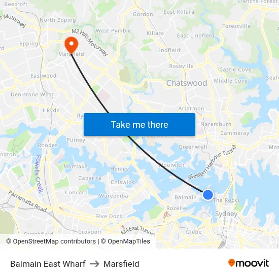 Balmain East Wharf to Marsfield map