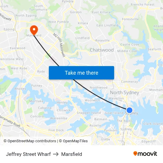 Jeffrey Street Wharf to Marsfield map