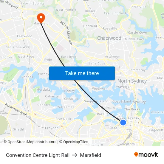 Convention Centre Light Rail to Marsfield map