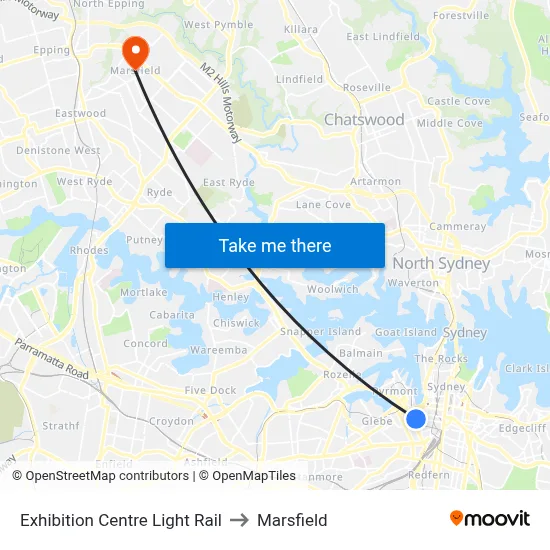 Exhibition Centre Light Rail to Marsfield map