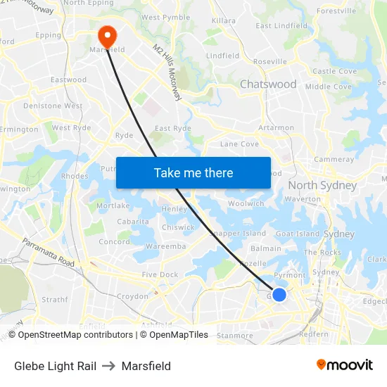 Glebe Light Rail to Marsfield map