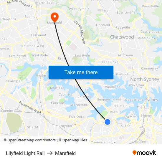 Lilyfield Light Rail to Marsfield map
