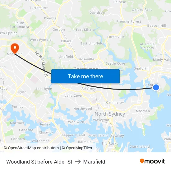 Woodland St before Alder St to Marsfield map