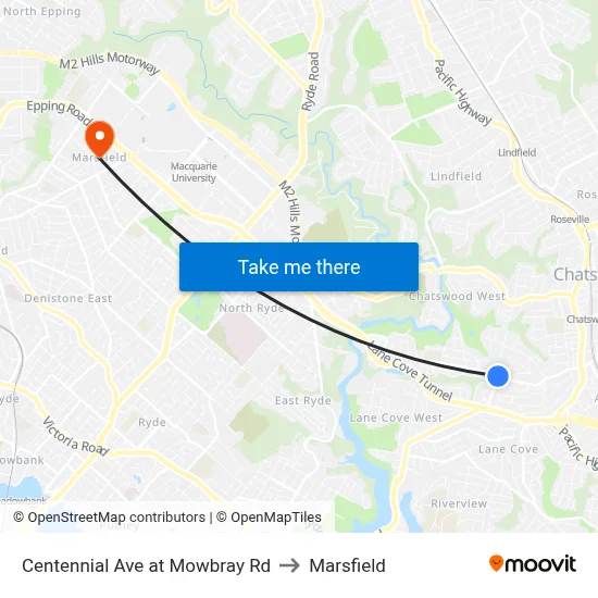 Centennial Ave at Mowbray Rd to Marsfield map