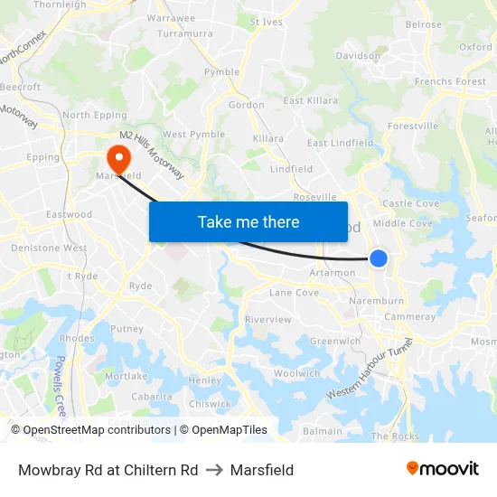 Mowbray Rd at Chiltern Rd to Marsfield map