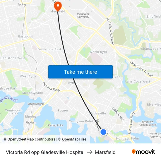 Victoria Rd opp Gladesville Hospital to Marsfield map