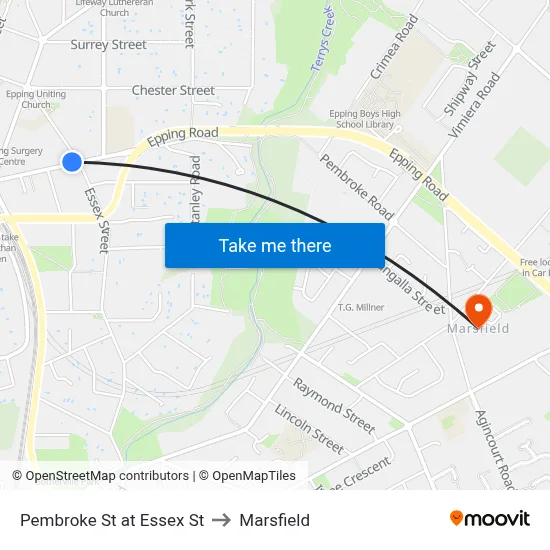 Pembroke St at Essex St to Marsfield map