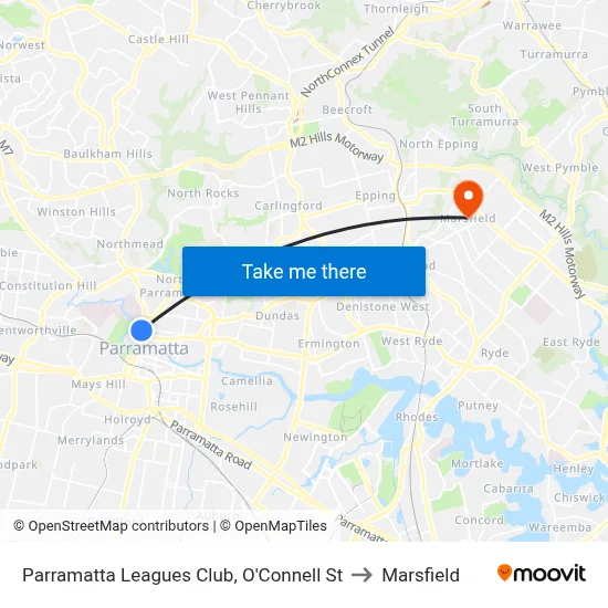 Parramatta Leagues Club, O'Connell St to Marsfield map