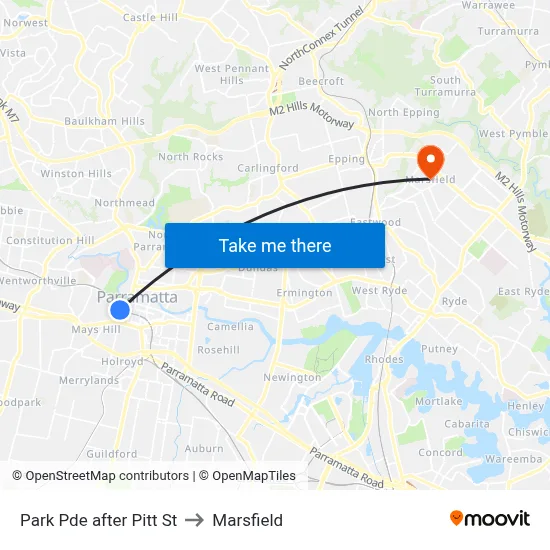 Park Pde after Pitt St to Marsfield map