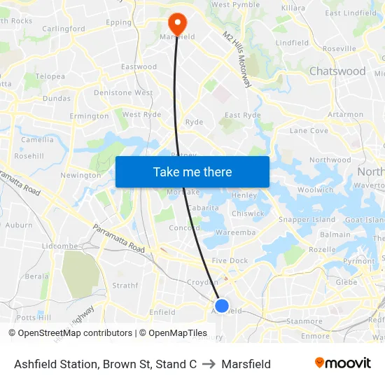 Ashfield Station, Brown St, Stand C to Marsfield map