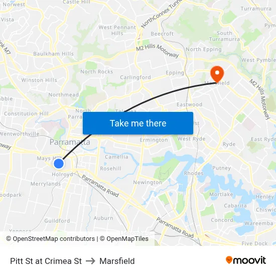 Pitt St at Crimea St to Marsfield map