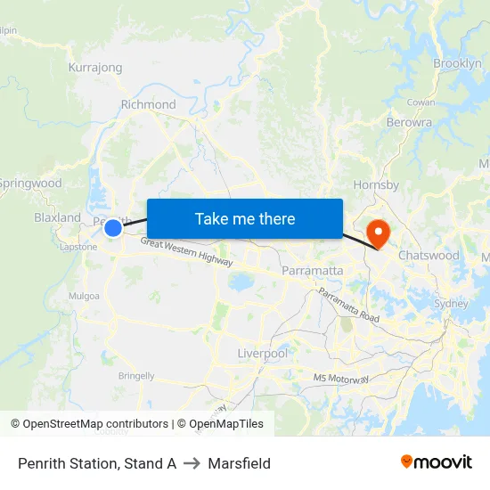 Penrith Station, Stand A to Marsfield map