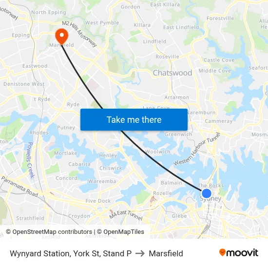 Wynyard Station, York St, Stand P to Marsfield map