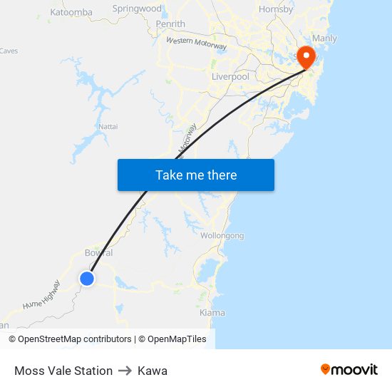 Moss Vale Station to Kawa map