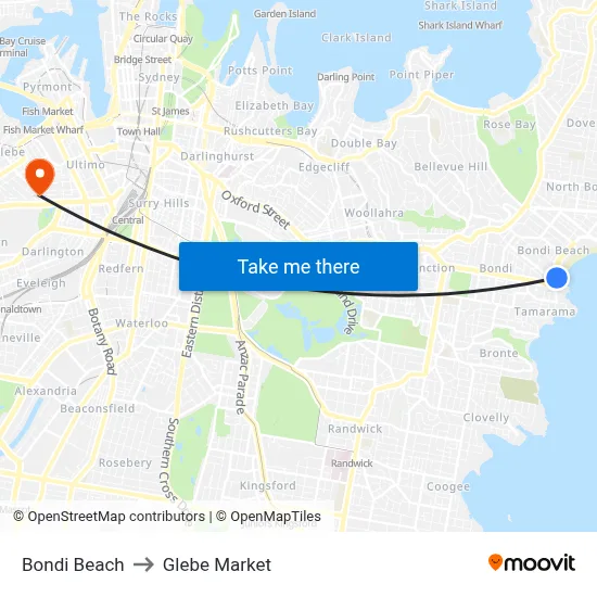 Bondi Beach to Glebe Market map
