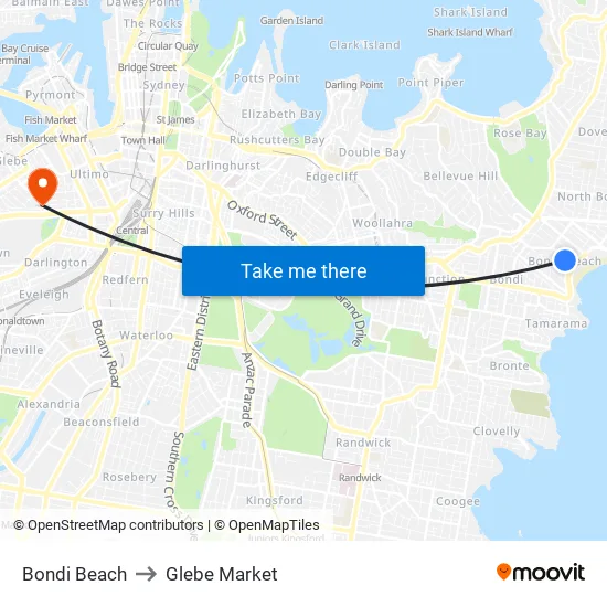 Bondi Beach to Glebe Market map