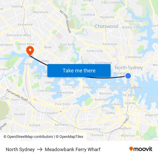 North Sydney to Meadowbank Ferry Wharf map