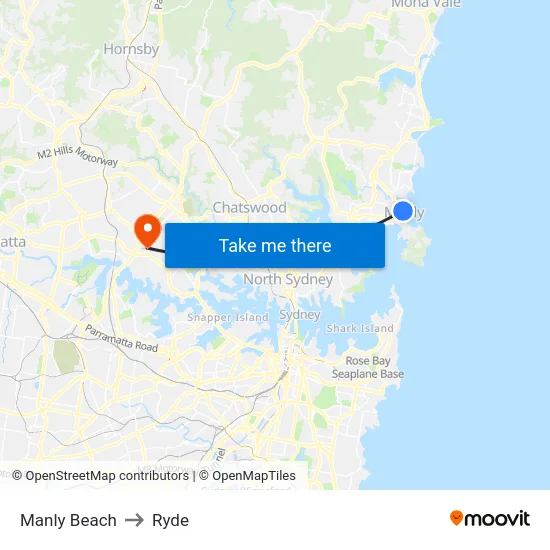 Manly Beach to Ryde map