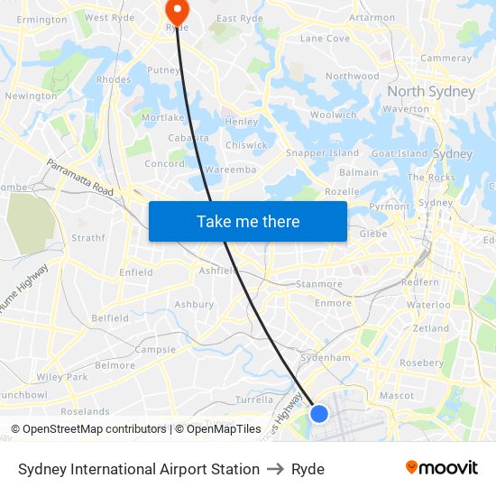 Sydney International Airport Station to Ryde map