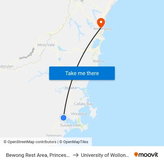 Bewong Rest Area, Princes Hwy to University of Wollongong map