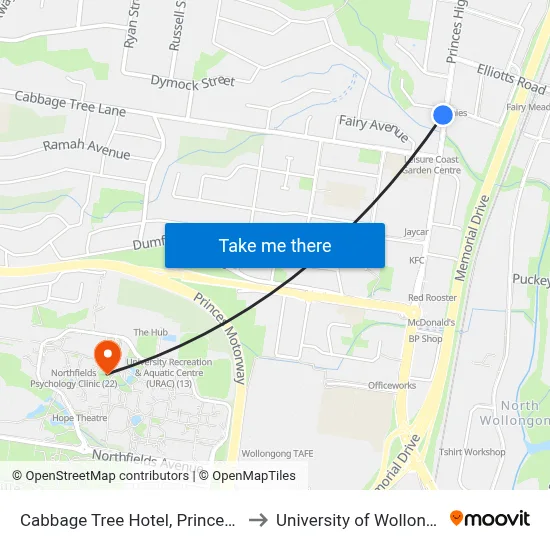Cabbage Tree Hotel, Princes Hwy to University of Wollongong map