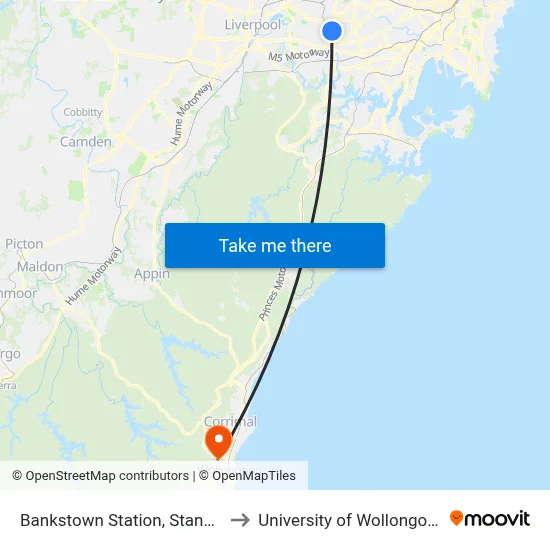 Bankstown Station, Stand B to University of Wollongong map