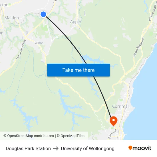 Douglas Park Station to University of Wollongong map