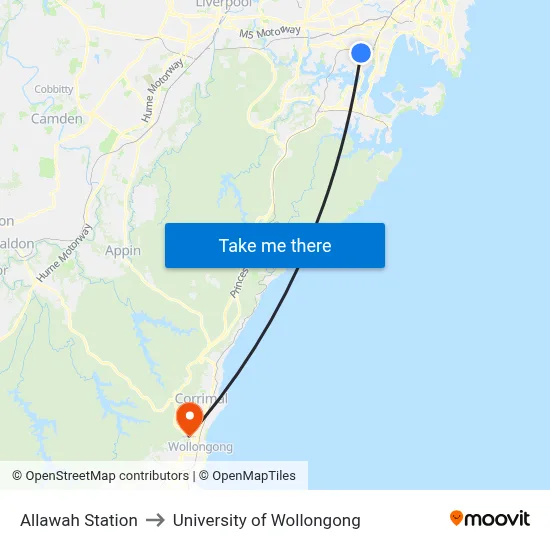 Allawah Station to University of Wollongong map