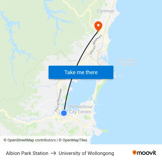 Albion Park Station to University of Wollongong map