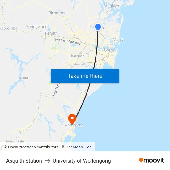 Asquith Station to University of Wollongong map