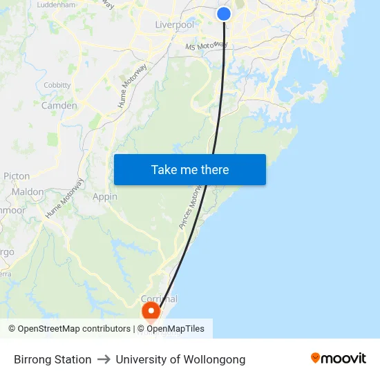 Birrong Station to University of Wollongong map