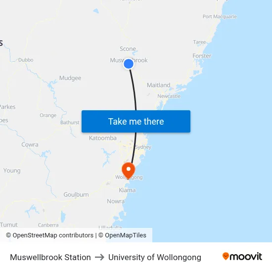 Muswellbrook Station to University of Wollongong map