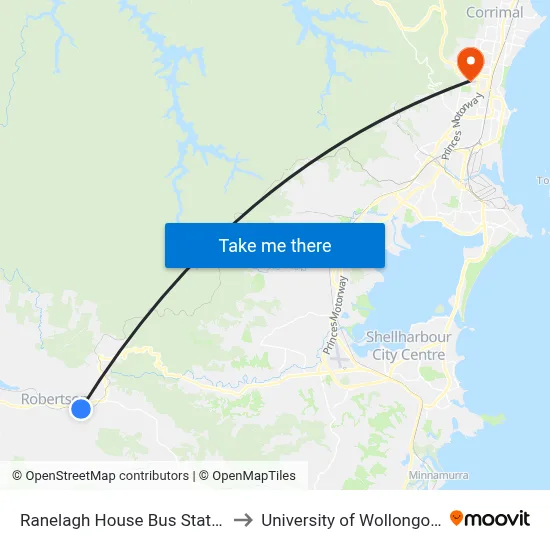 Ranelagh House Bus Station to University of Wollongong map