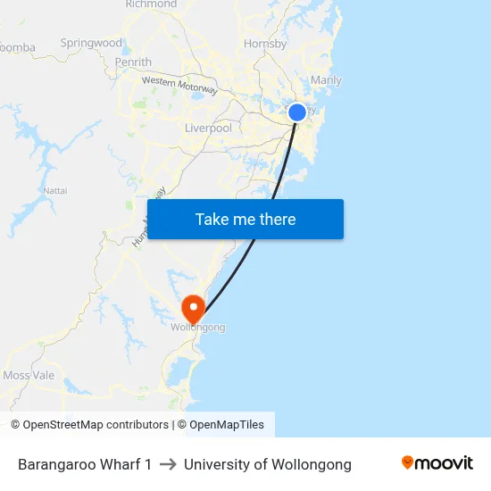 Barangaroo Wharf 1 to University of Wollongong map