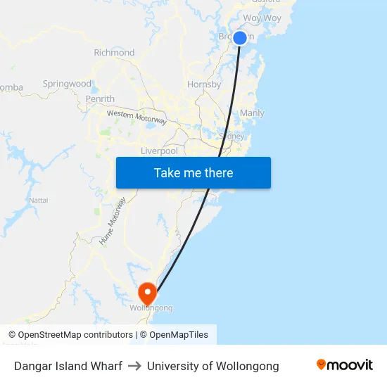 Dangar Island Wharf to University of Wollongong map