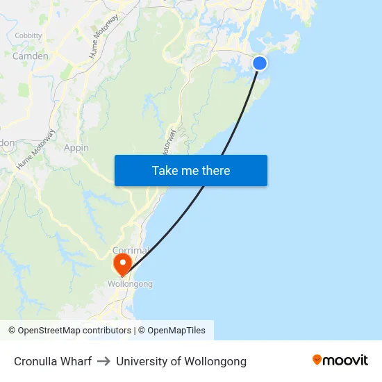 Cronulla Wharf to University of Wollongong map