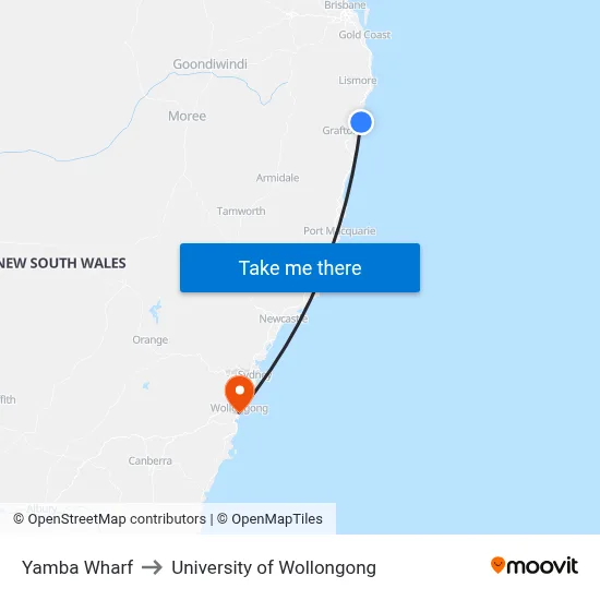 Yamba Wharf to University of Wollongong map